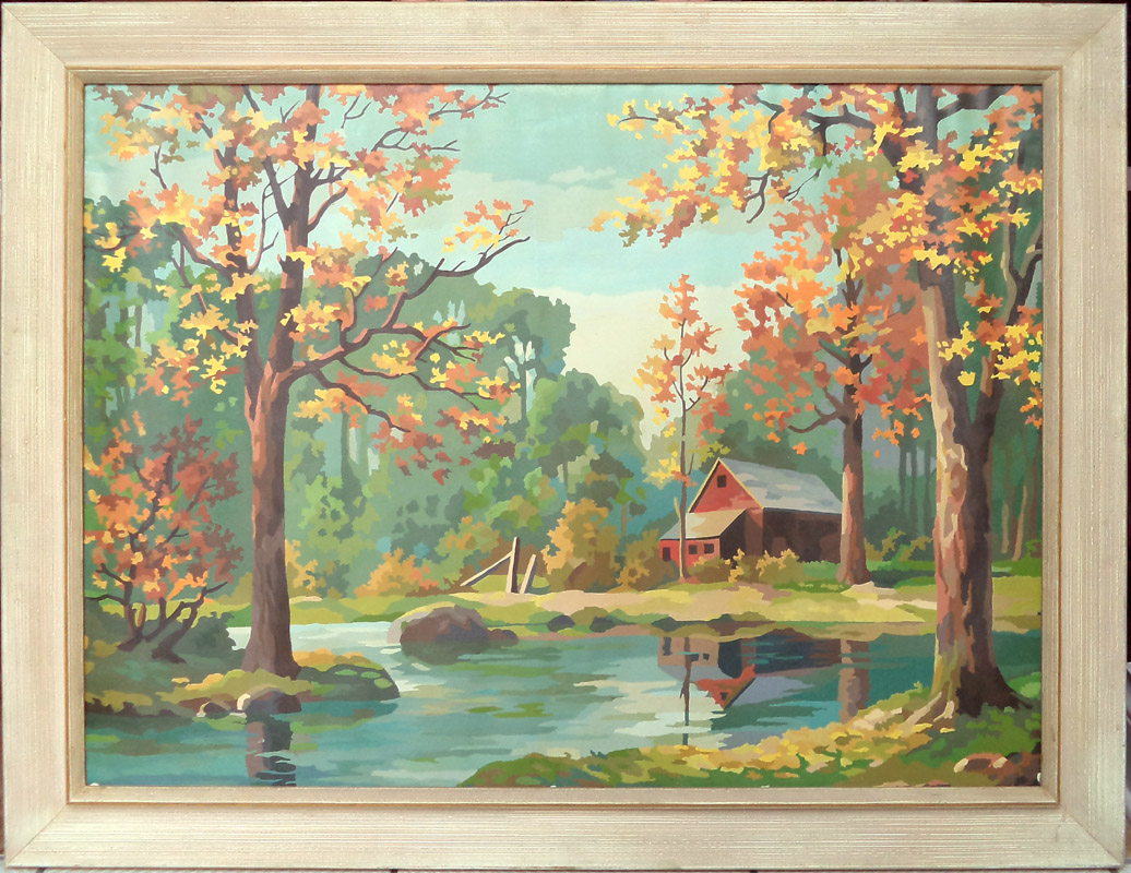 Large Vintage Paint By Number 'Indian Summer' Cabin In The Woods Landscape Painting